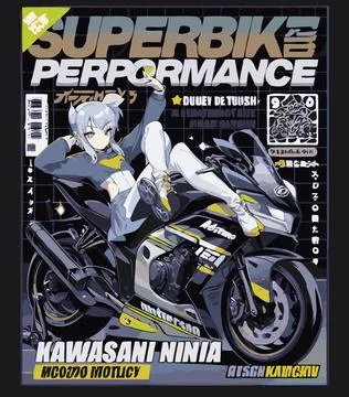 Dynamic Anime Character Posing Next to a Stylish Motorcycle Cover Stock Illustration