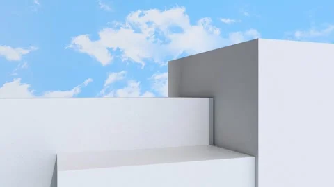 Dynamic architectural steps ascend towards a serene blue cloud sky with fluffy Video stock 318610464