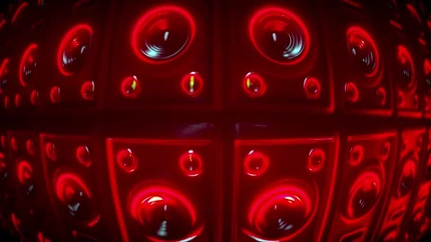 Dynamic Array of Red Speakers with Fisheye Distortion Vibrant and Energetic.. Stock Footage 314067869