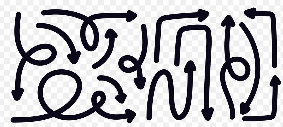 Dynamic arrows doodle set. Various playful arrow twist black line elements. Q Stock Illustration