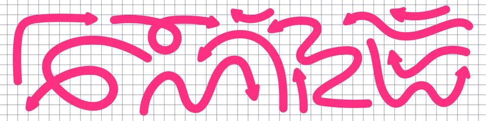 Dynamic arrows doodle set. Various playful arrow twist pink line elements. .. 스톡 일러스트