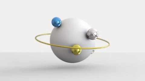Dynamic atom model spinning with vibrant blue yellow and silver spheres Stock Footage 315283667