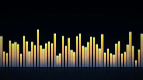A dynamic audio equalizer with yellow and blue gradient bars moves on a dark Stock Footage 344241331