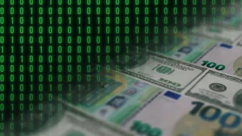 Dynamic background. Dollar and euro banknotes, computer code. Video stock 342945756