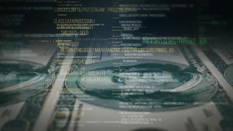 Dynamic background. Dollar bills and computer code. Видео 342946726