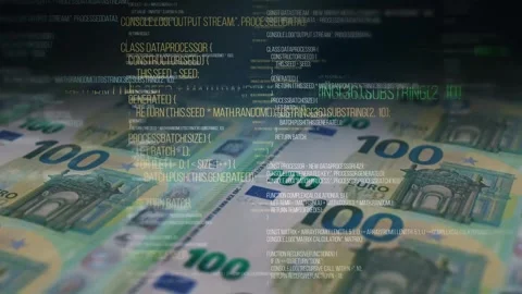 Dynamic background. Euro banknotes and computer code. Vidéo 342949863