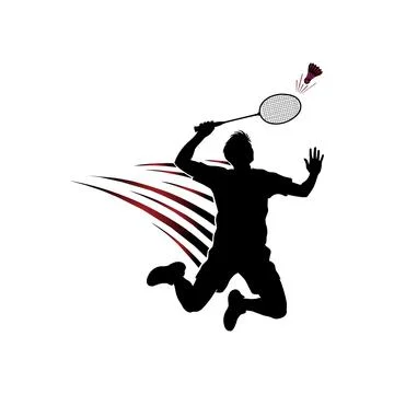Dynamic Badminton Player Silhouette Jumping to Smash Shuttlecock Vector Stock Illustration