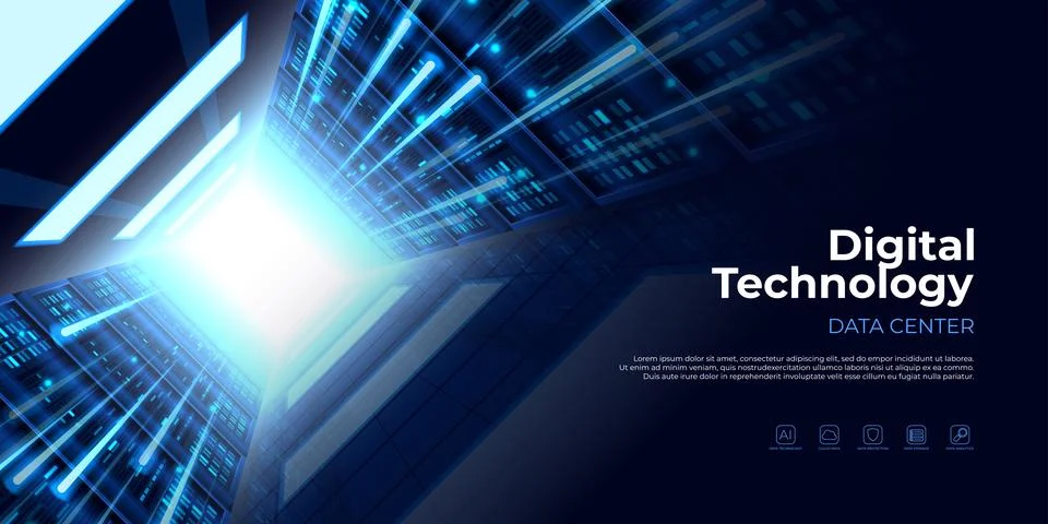 Dynamic banner with rows of server racks Illustrazione stock