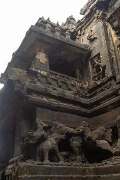 Dynamic Bas-Reliefs on Ancient Temple Wall Stock Photos