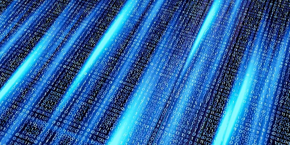 Dynamic binary backdrop with rows of glowing ones and zeros, visualizing flow Stock Photos