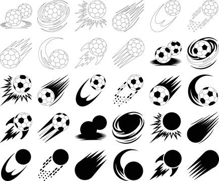 Dynamic black and white illustrations of soccer balls in various motion des.. 库存插图