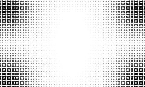 Dynamic black halftone dots on white background creating radial central foc.. Stock Illustration