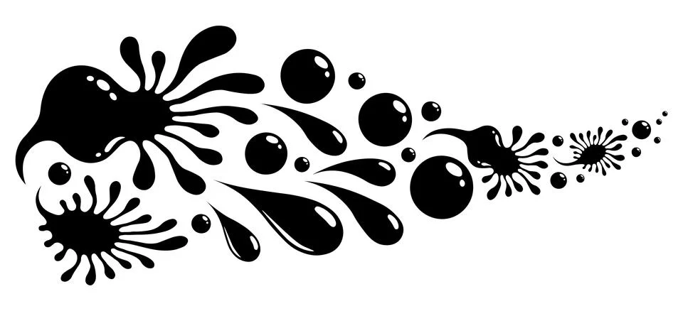 A dynamic black silhouette featuring a collection of ink splatters, fluid spl Stock Illustration