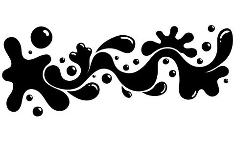 A dynamic black silhouette of flowing liquid splashes, bubbles, and ink splat Stock Illustration