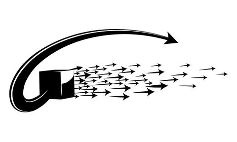 A dynamic black silhouette showing a 3D cube with multiple arrows moving forw Stock Illustration
