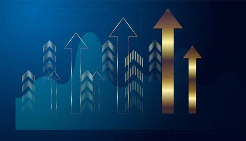 A dynamic blend of gold and blue with grid lines and arrows reflects strate.. Stock Illustration
