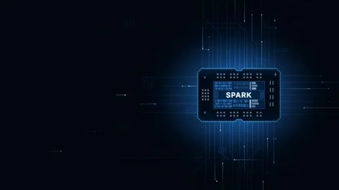 Dynamic blue and black tech animation featuring a glowing chip labeled SPARK at Stock Footage 340534262