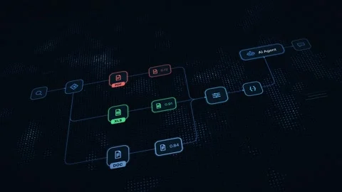 Dynamic blue digital matrix showcasing a multi-source RAG pipeline with flowing 스톡 동영상 339301968