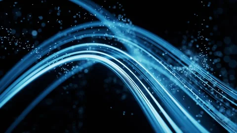 Dynamic blue light trails move across dark background with glowing particles Stock Footage 327248224