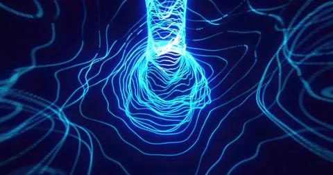 Dynamic blue neon light trails forming wave-like tunnel patterns in a dark di Illustrazione stock