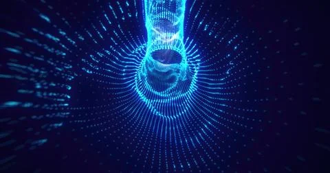 Dynamic blue neon light trails forming wave-like tunnel patterns in a dark di Stock Photos