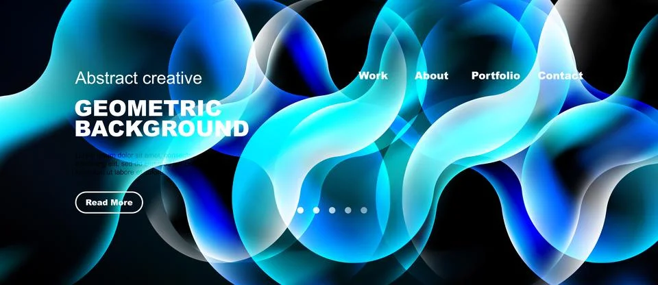 Dynamic blue shapes form abstract background. Text includes work, about, Stock Illustration