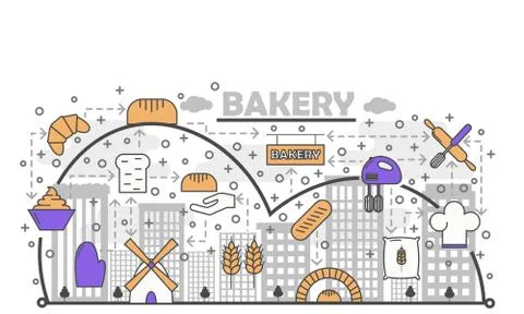 Dynamic Bread Baking Process with Line Art Flat Vector Icons Stock Illustration