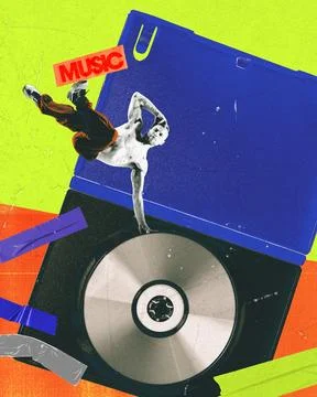 Dynamic breakdancer performing atop CD, set against bright and colorful backdrop Stock Illustration