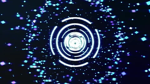 Dynamic bright abstract tunnel with flying shapes, circles, squares, particles Stock Footage 253513473
