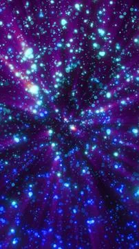 Dynamic burst of glowing blue particles over a purple background in radial mo Stock Illustration