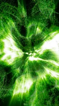 Dynamic burst of green particles and light rays creating an abstract explosio Stock Illustration