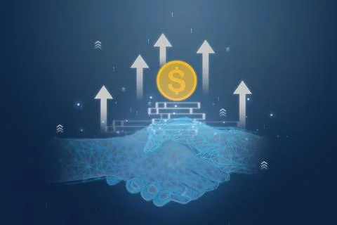 Dynamic Business Collage with Digital Handshake and Financial Growth Symbols on Stock Illustration