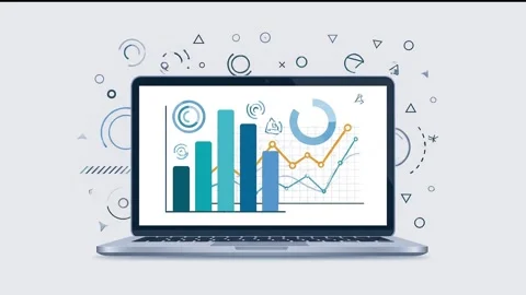 Dynamic Business Data Analytics Infographic on Laptop Screen 4K Stock Footage 328785915