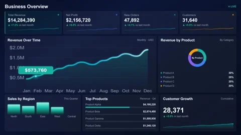 Dynamic business overview dashboard with sales data visualization. 4K Stock Footage 341694223