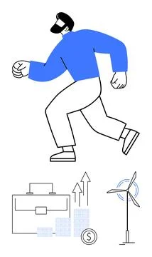 Dynamic Businessman Running with Briefcase, Graphs, and Wind Turbine Elements Stockillustratie