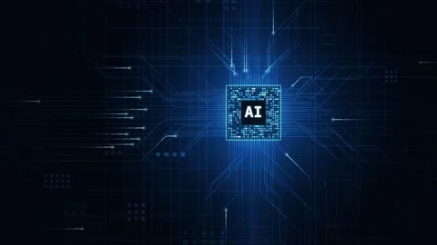 Dynamic camera angles reveal a glowing AI processor at the center surrounded by Stock Footage 340441510