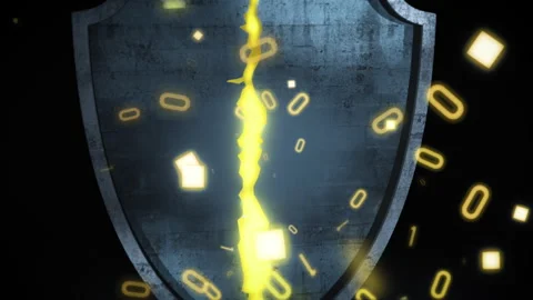 Dynamic camera movement around a cracked digital security shield with glowing Stock Footage 328701641