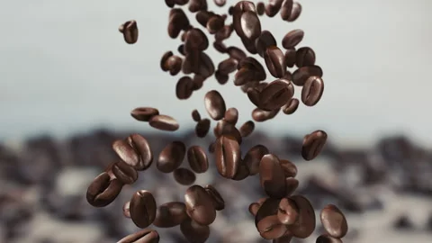 Dynamic Cascade of Dark Roasted Coffee Beans in Free Fall Stockbeeldmateriaal 337119799