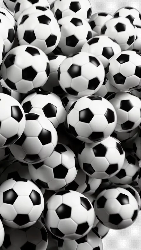 Dynamic Cascade of Falling Soccer Balls Vertical Transition with Alpha Channel Video stock 336311144