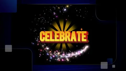 Dynamic celebration text animation with glowing yellow burst background with Vidéo 345129189