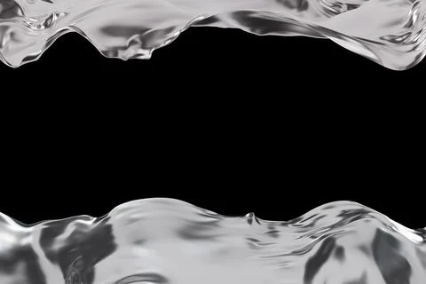 Dynamic chrome shapes flow gracefully across a black background, showcasing s イラスト素材