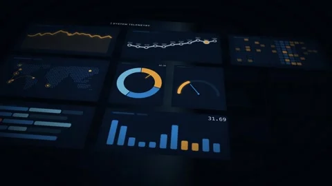 Dynamic cinematic dashboard showcasing diverse data visualizations with sleek gr Stock Footage 340440854