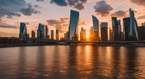 Dynamic Cityscape with High-Rise Buildings and Sunset Reflections in Water Stock Footage 259139770