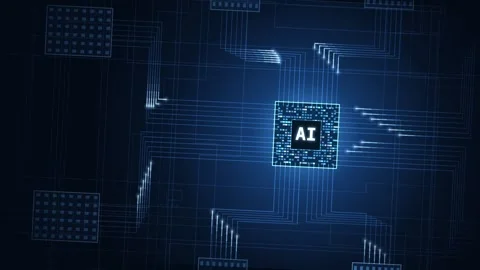 Dynamic Close-Up of an AI Processor with Circuitry in Deep Blue and Glowing Acce Stock Footage 340440385