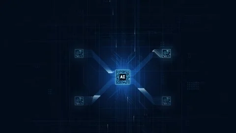 Dynamic Close-Up of CPU Circuitry with AI Text Featuring Deep Blue Background Gl Stock Footage 340440370