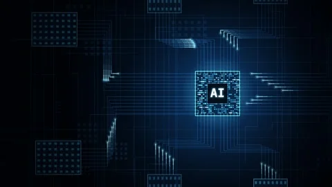 Dynamic close-up of a CPU with glowing circuits and data flows featuring the tex Stock Footage 340440373