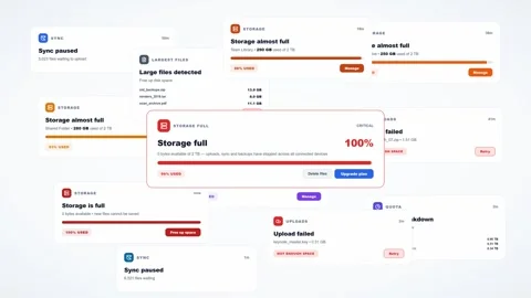 Dynamic cloud storage full popups and upload error notifications on screen. 4K Stock Footage 346213197