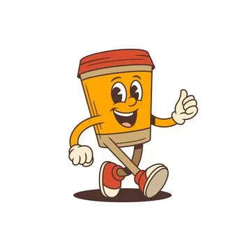 Dynamic coffee cup mascot with thumbs up and energetic running pose brings vi Stock Illustration