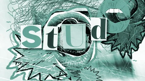 Dynamic collage animation spells 'Study' with magazine letters, hearts, and.. Video stock 319378323