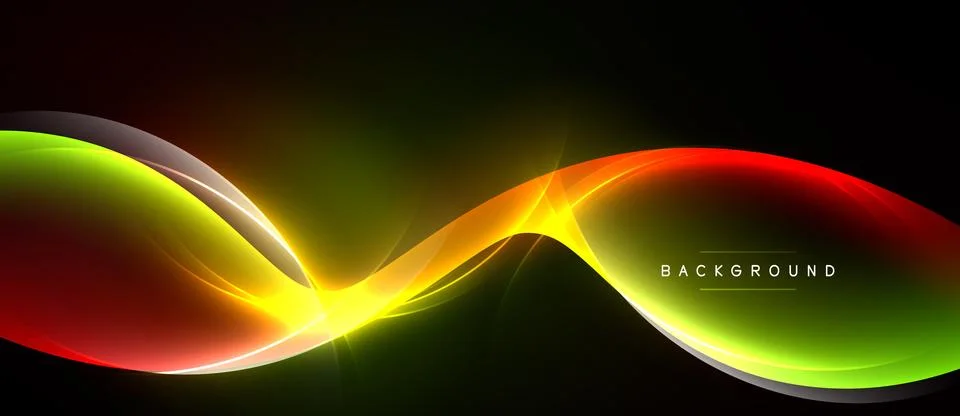 Dynamic colorful waves flow across black space. Bright gradients create energ Stock Illustration